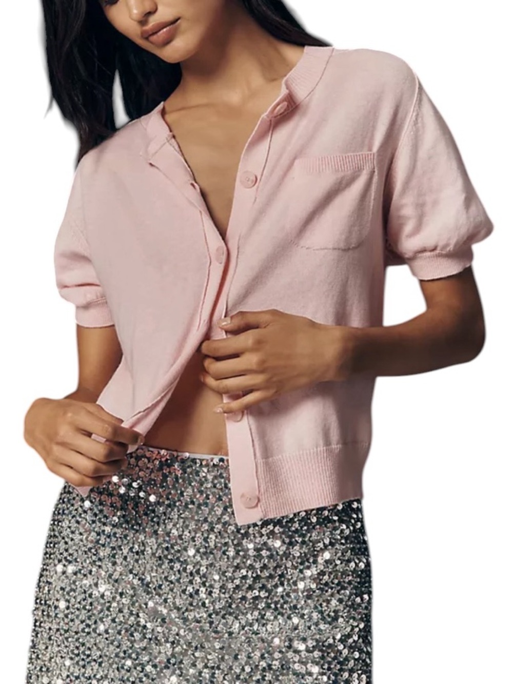 Maeve Anthropologie Pink Short Sleeve Button crew neck button down Cardigan
